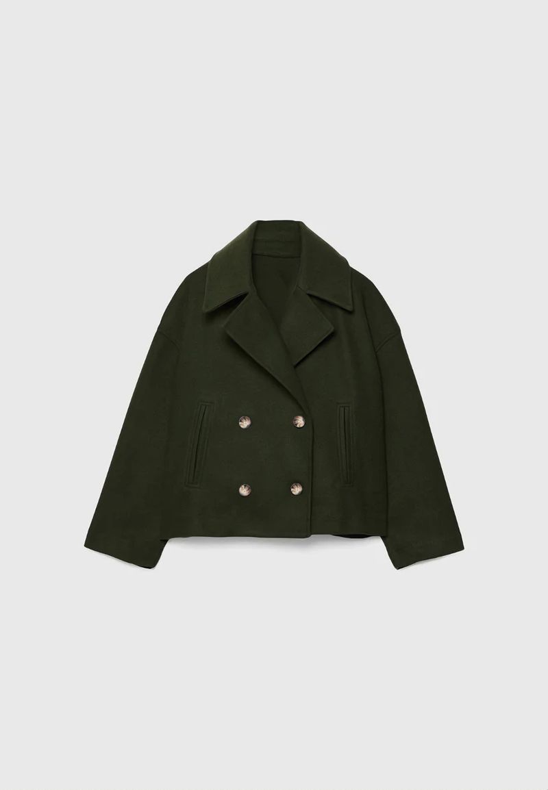 Damen-Peacoat aus Wollmischung mit zweireihiger Knopfleiste, Trenchcoat mit Revers und Knopfdetail, eleganter, locker sitzender Kurzblazer für Büroausflüge_voghion.com