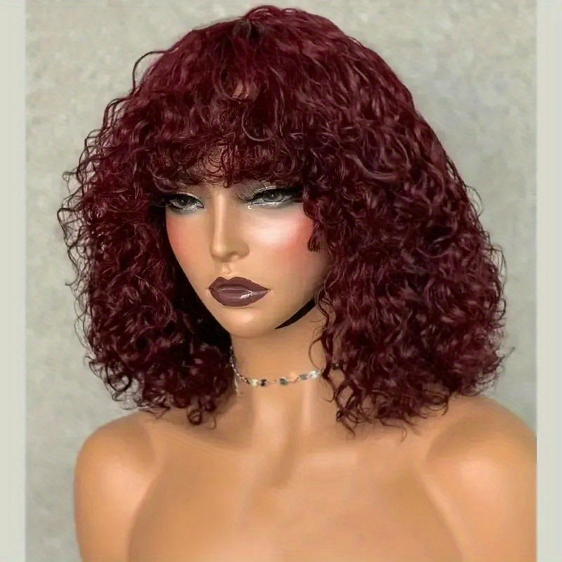 Perruque de cheveux humains ondulés de 14 pouces, fabriquée à la machine, avec frange, densité 180%, dentelle sans colle, maille rose, cheveux humains bouclés, couvre-tête pour femmes_voghion.com