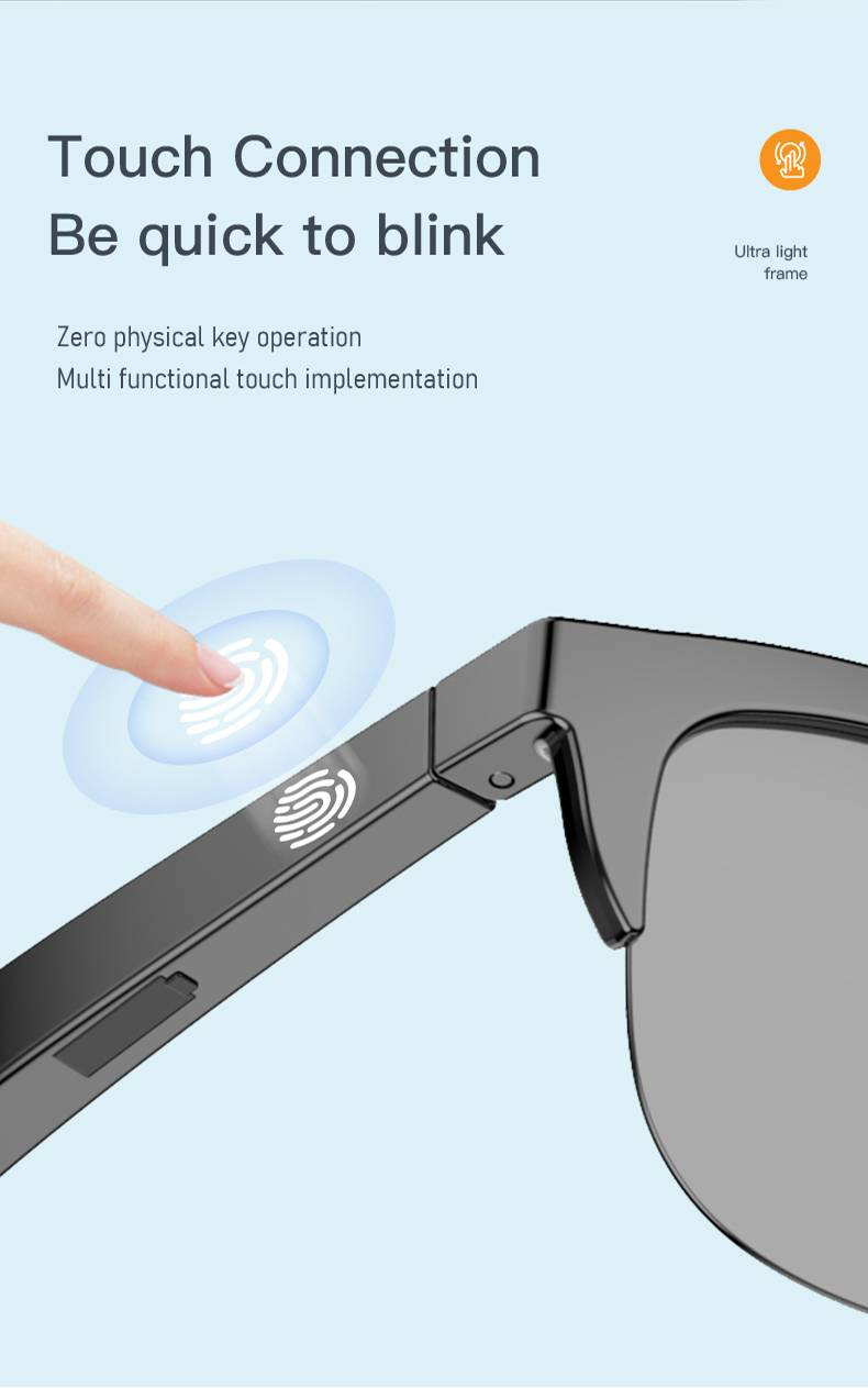 Óculos de sol Bluetooth sem fio inteligentes Fone de ouvido, controle de voz e microfone e alto-falantes Touch, óculos de sol UV para homens e mulheres_voghion.com
