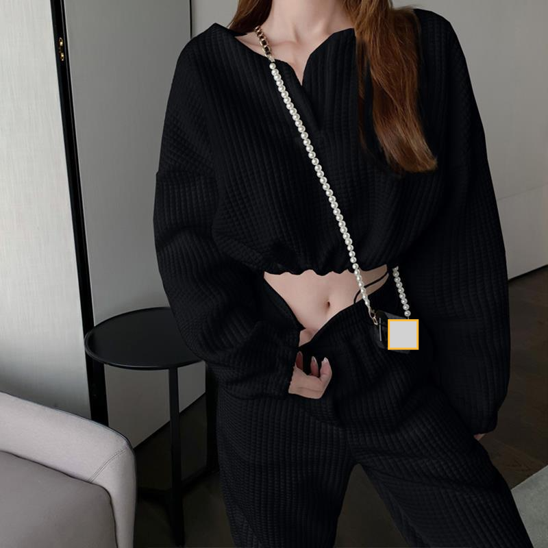 Women's Clothing Autumn and winter lazy style high waist short sweater women's two piece suit ins design sense of fashion long sleeve suit_voghion.com