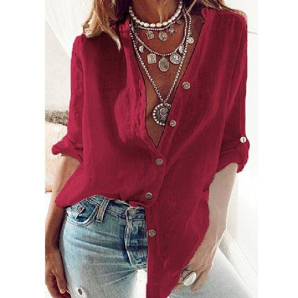 S-5XL Women Loose Blouse Shirts Oversized Female V Neck Long Sleeve Button Beach Sand Holiday Baggy Blouse Tops_voghion.com