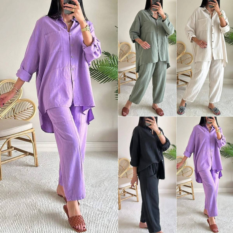 Abbigliamento estivo da donna, completo due pezzi in cotone e lino, taglie forti, con camicia e pantaloni larghi a vita alta_voghion.com