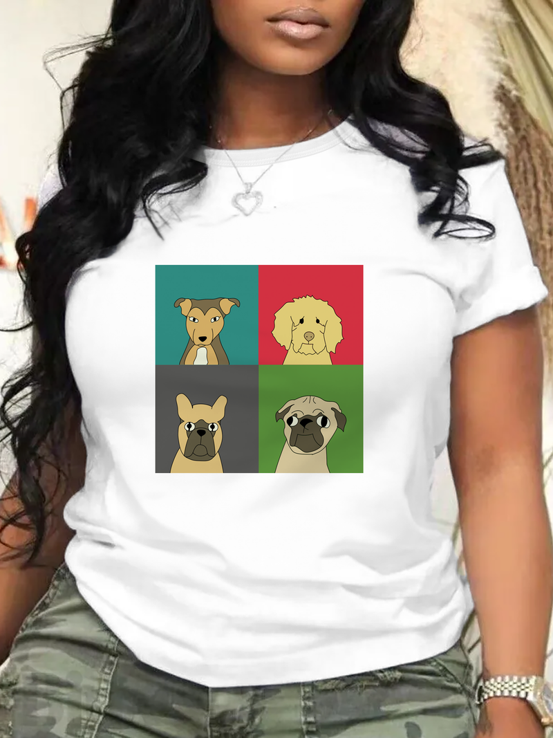 Maglietta casual da donna a maniche corte con motivo a cane, taglie forti, comoda e ampia, scollo rotondo._voghion.com