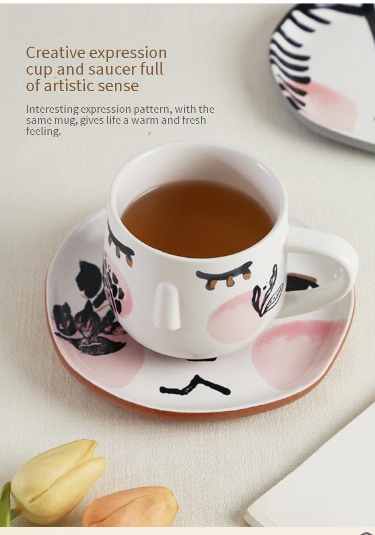 Abstract Face Design Coffee Mug Set - Minimalist Ceramic Cups With Saucers Artistic Oil Painting Style For Breakfast & Tea Time_voghion.com