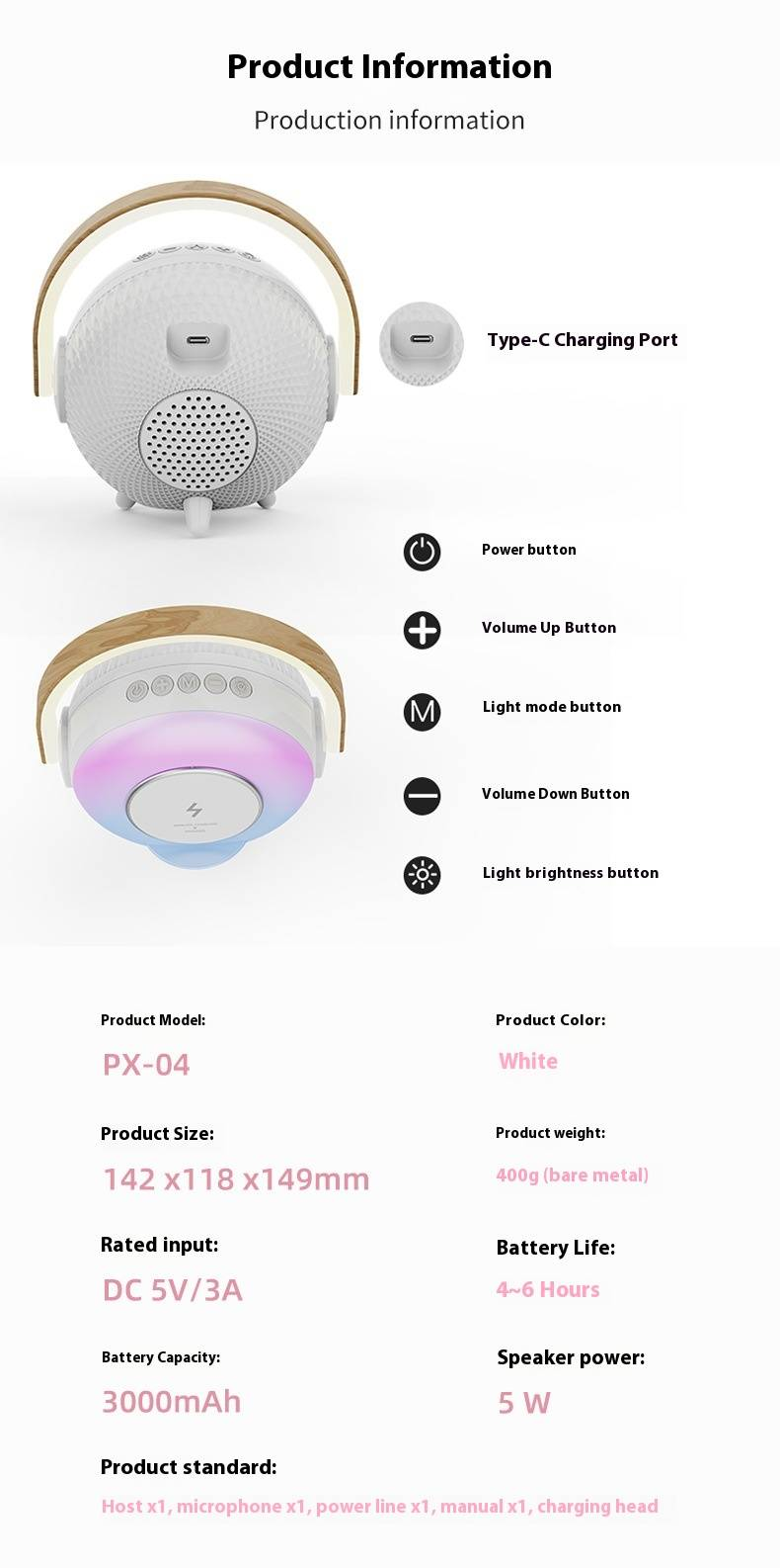 Wireless Charging Bluetooth Speaker With Microphone & LED Night Light - Desktop Karaoke Speaker For Home Use_voghion.com