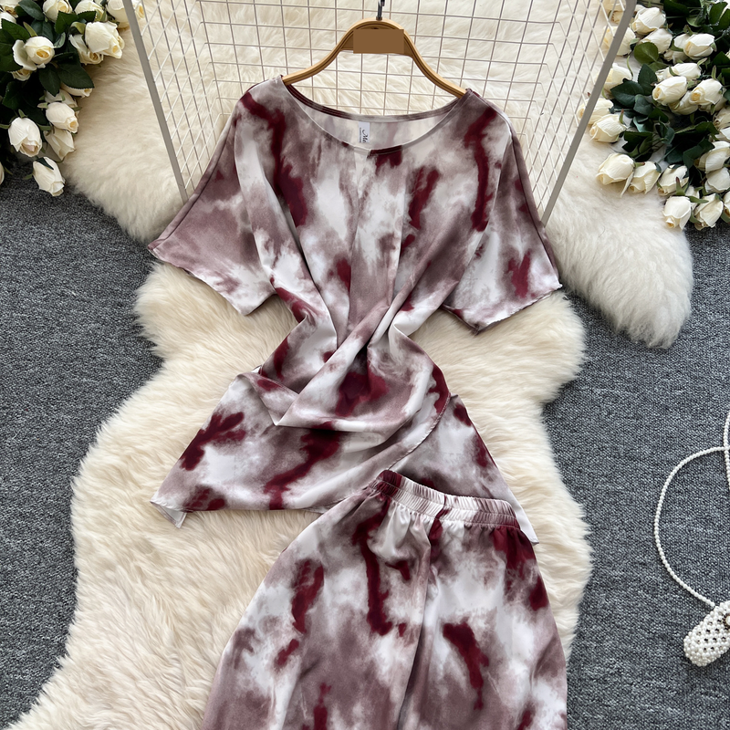 Women's Clothing Two Piece Suit Cross Waist Round Neck Short Sleeves Printed Top High Waist Casual Wide Leg Pants_voghion.com