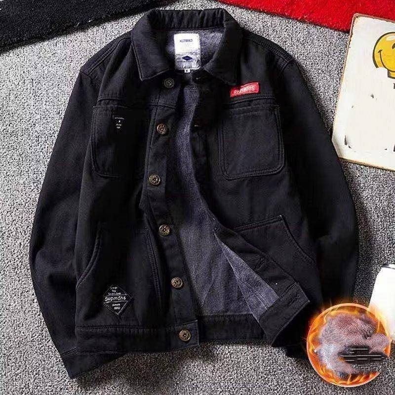 Men's Winter Fleece Lined Denim Jacket - Loose Fit Casual Workwear Coat, Thickened Warm Stylish Oversized Utility Jacket For Fall & Winter_voghion.com