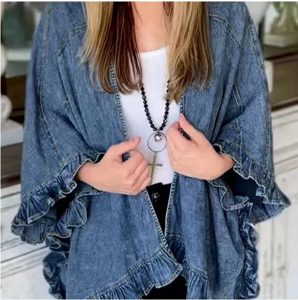 Women's Clothing Denim Cape Jacket With Flounce Hem – Stylish Batwing Sleeve Open Front Cardigan For Fall_voghion.com