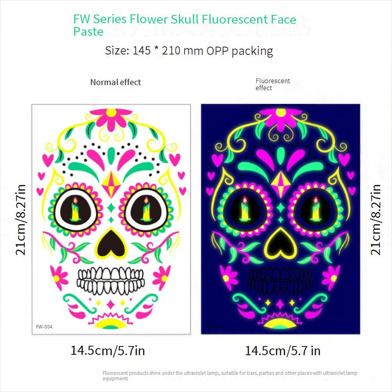 Halloween Temporary Tattoos Stickers - Glow In The Dark Day Of The Dead Face & Body Art For Party, Scary Makeup, Costume Accessories (8-Piece Set)_voghion.com