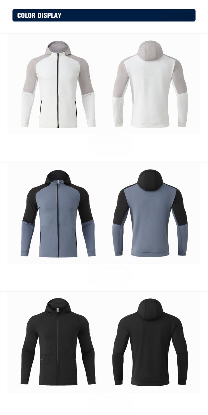 Chaqueta deportiva unisex con capucha – Cortavientos ajustado con cremallera para correr, gimnasio y estilo urbano (S-4XL) – Negro, Blanco, Azul-Gris_voghion.com