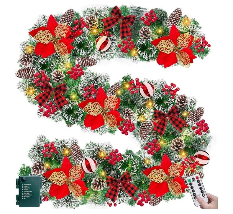 Ghirlanda di Natale artificiale da appendere alla porta, 180/270 cm, con finto pino e bacche rosse - Decorazione per la casa durante le feste (luci LED opzionali)_voghion.com
