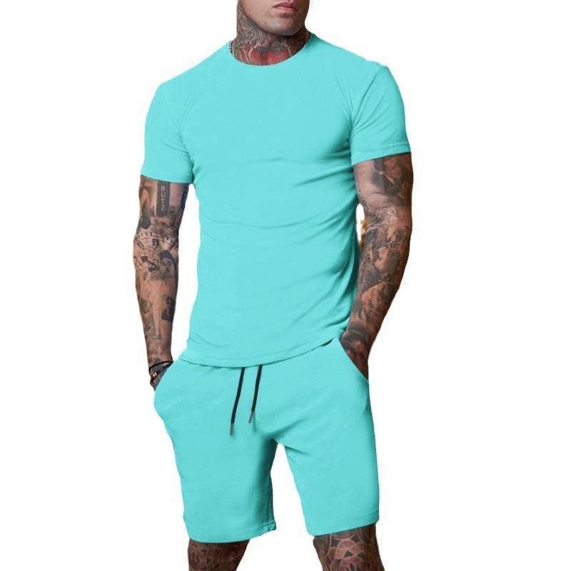 CT Hot Selling Solid Color T-Shirt + Five-Point Men's Summer Short Sleeve Shorts Set Breathable Style_voghion.com