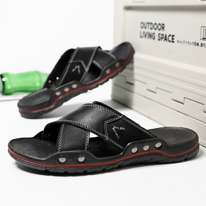 Hausschuhe, Größe 47-48, Echtleder One Line Slipper, Sommer Anti Slip, Outdoor Wear, Strand Herren Sandalen, Hausschuhe_voghion.com