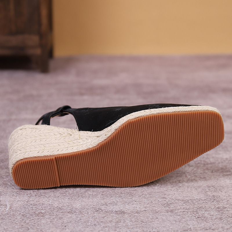 Chaussures pour femmes, talon compensé, bout carré, semelle épaisse, talon haut, bout fermé, à enfiler, semelle en corde tressée, une pièce, chaussures simples pour femmes_voghion.com