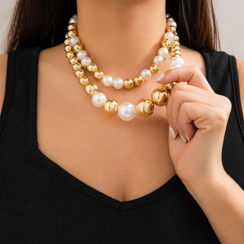 Collar de cuentas metálicas exageradas estilo punk con temperamento de gargantilla, conjunto de collar corto de perlas_voghion.com