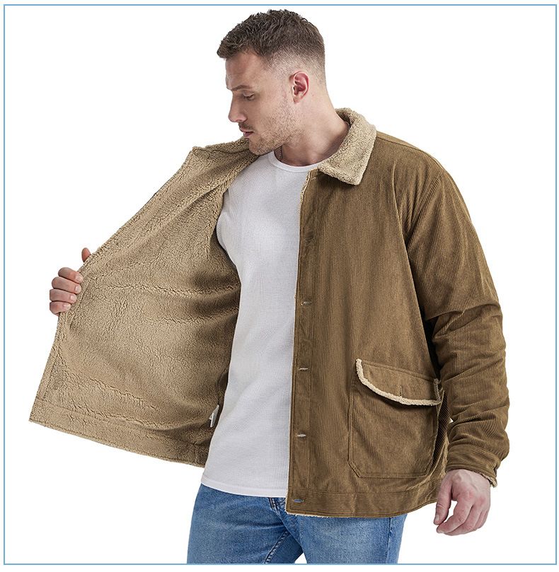 "Herrenjacke aus Cord und Lammfell mit Revers – Plüschiger, dicker Mantel in großer Größe (Schwarz/Grün/Hellbraun, S-XXL)"_voghion.com