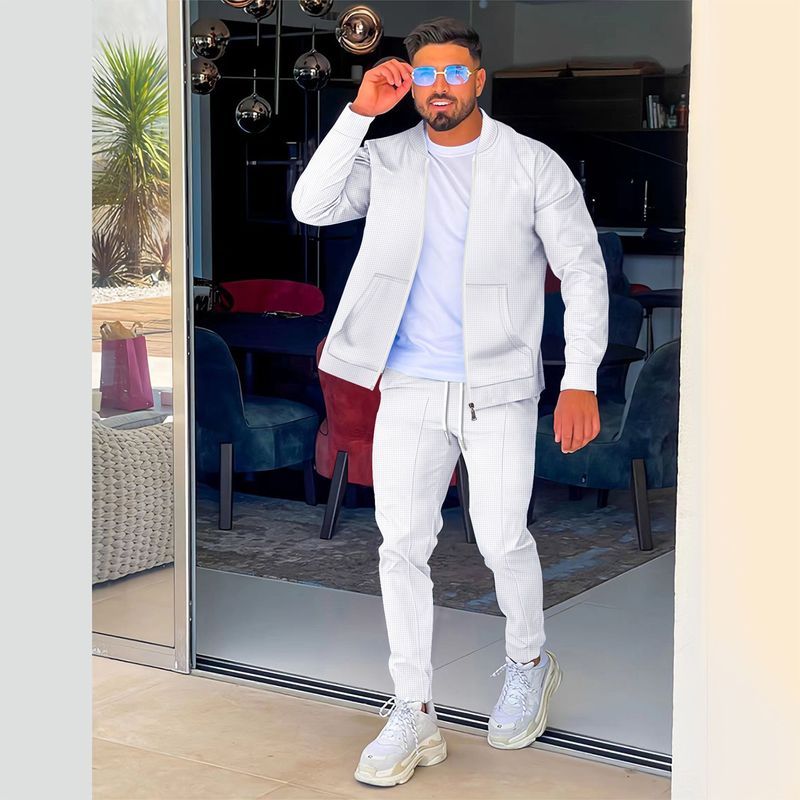 Waffelstrick-Baseballjacke für Herren mit Reißverschlusstaschen und passender Hose im Set – leichte, lässige Oberbekleidung für Frühling und Sommer_voghion.com