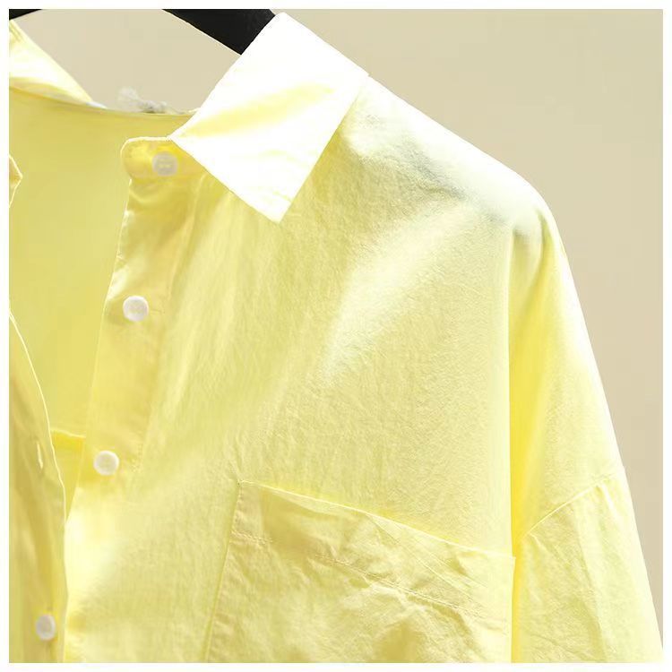 Women's Clothing Yellow Simple Spring And Summer Thin Cotton Short Sleeved Shirt Fashion Loose Medium And Long Single Pocket Cardigan Shirt_voghion.com