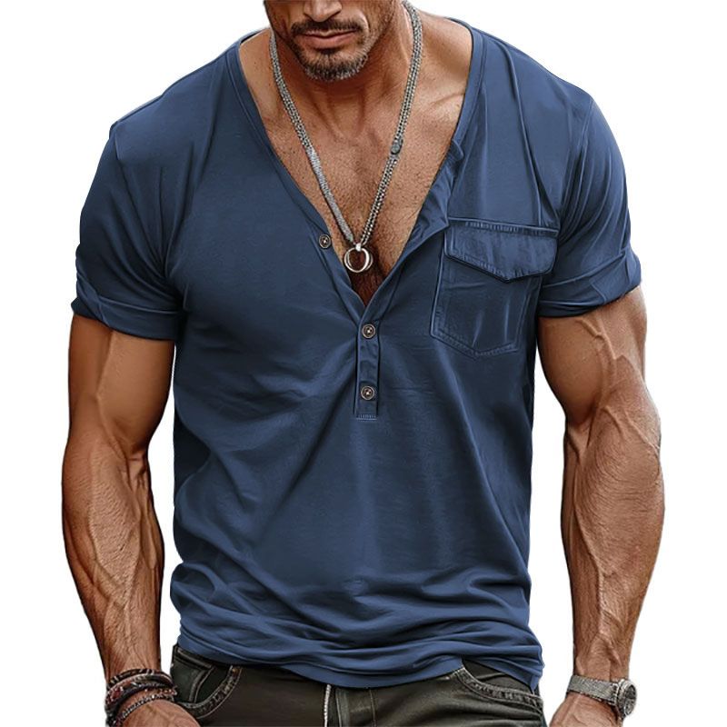 2025 Sommer Herren Henley T-Shirt mit V-Ausschnitt und lockerer Tasche_voghion.com