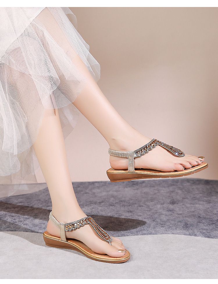 New Bohemian Sandals Round Head Flat Sandals Women's Rhinestone Large Size Women's Sandals_voghion.com