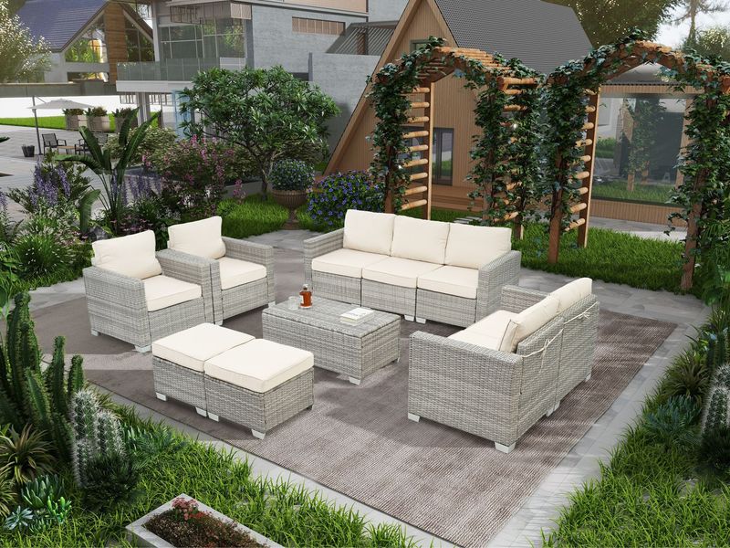 10 Piece PE Rattan Patio Furniture Set, Sectional Sofa Set, Outdoor Patio Furniture Set With Cushions & Tempered Glass Coffee Table_voghion.com