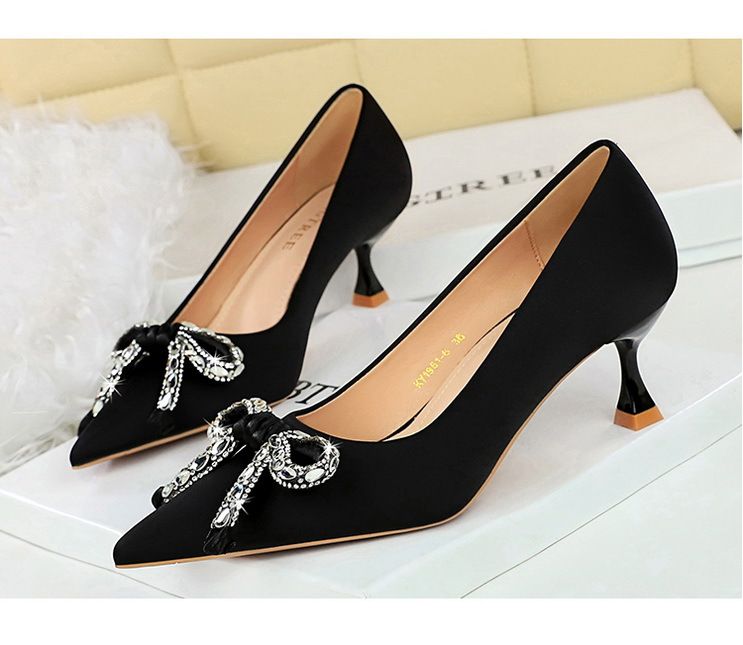 1961-H61 Wind Light Luxury Water Diamond Bow Tip Fine Middle Silk Wine Glass Heel Women's Single Shoe_voghion.com