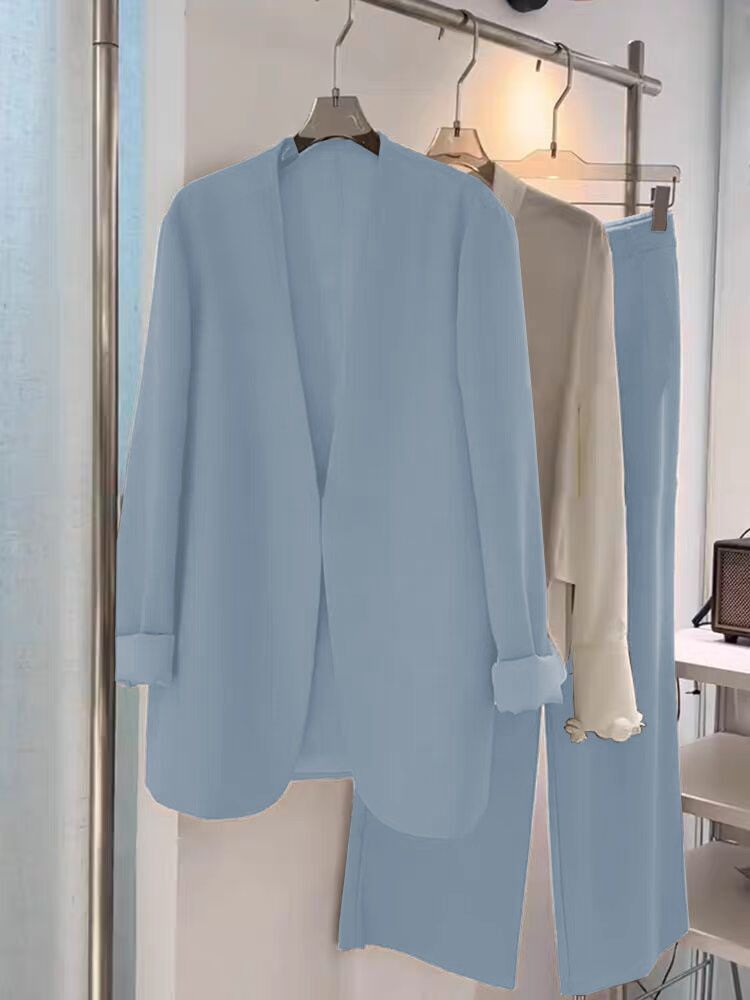 Conjunto de traje de talla grande para mujer, primavera y otoño, holgado, informal, formal, de dos piezas, con pantalones anchos y blazer pequeño._voghion.com
