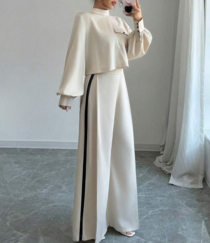 Women's Clothing casual half high collar lantern sleeves fashionable color matching wide leg pants suit_voghion.com