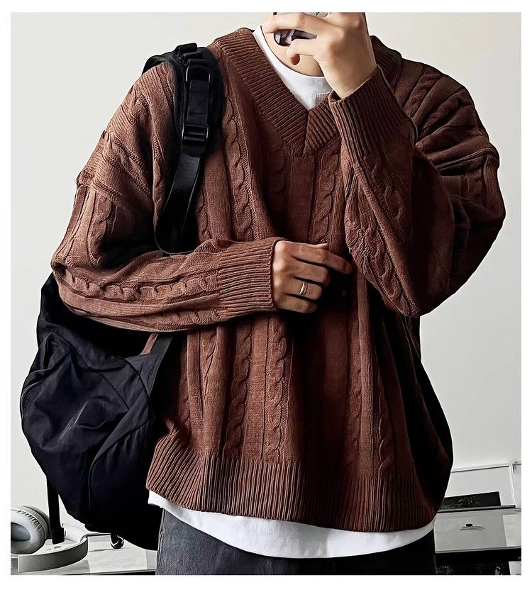 Maglione marrone a trecce con scollo a V per uomo, maglione casual autunnale Melad, maglietta Lazy Base_voghion.com