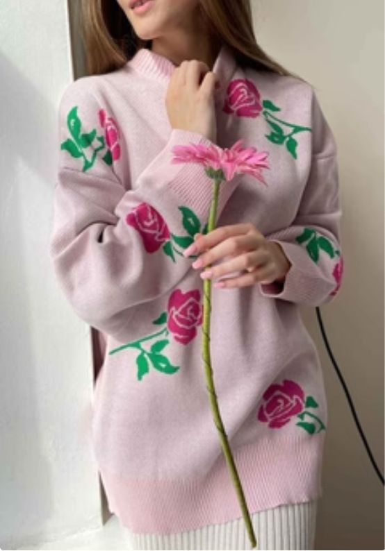 2024 New Fashion Rose Print Round Neck Knitted Sweater Autumn Winter Loose Pullover Sweatshirt_voghion.com