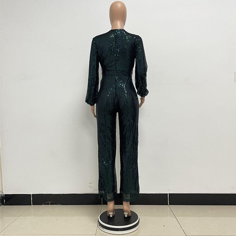 Damkläder Ins Style Deep V Mode Casual Jumpsuit Långärmat Bälte Paljett Jumpsuit Dam_voghion.com
