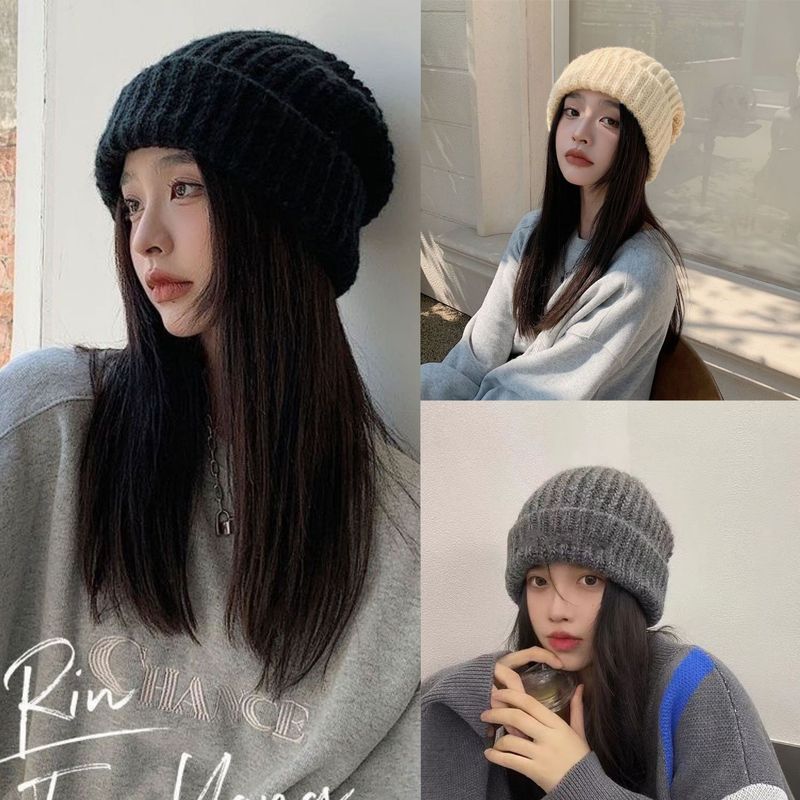Knitted Hat For Women, Autumn And Winter Korean Style, Versatile, Warm, Double Pom Pom, Plush, Large Head Circumference,_voghion.com