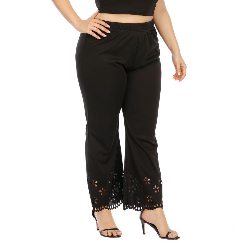 plus size women's hollowed-out burnt flower micro flared straight pants elastic waist casual pants_voghion.com