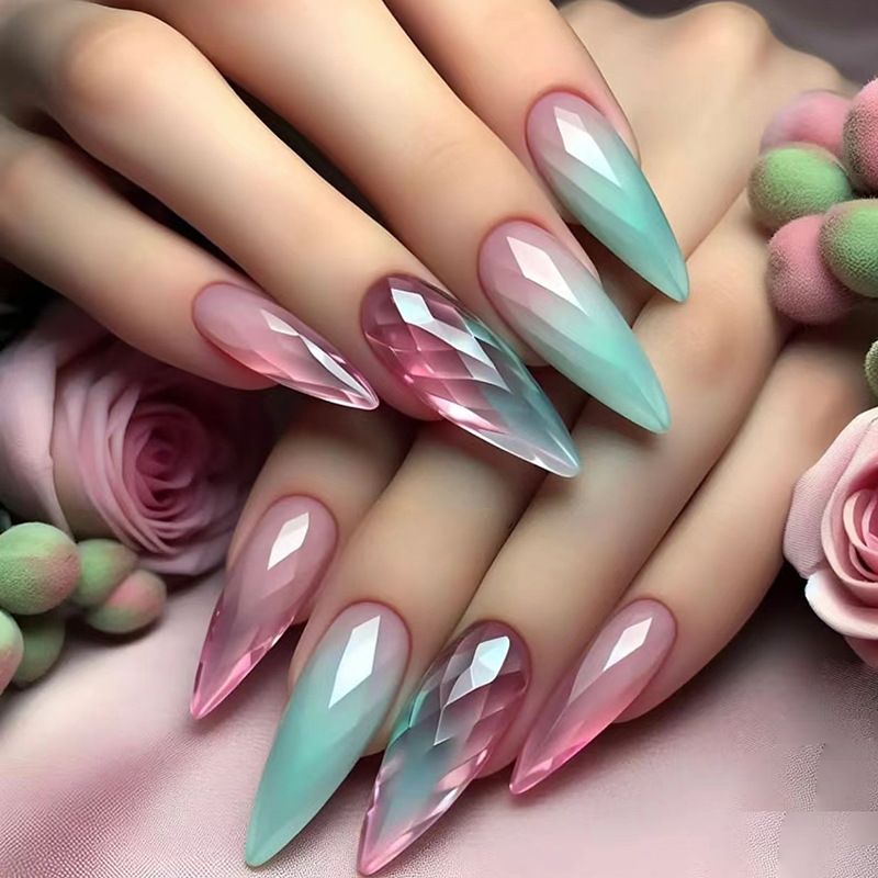 Wearable Detachable Medium Length Almond Nails Gradient Cat Eye Nail Tips 24 Pieces_voghion.com