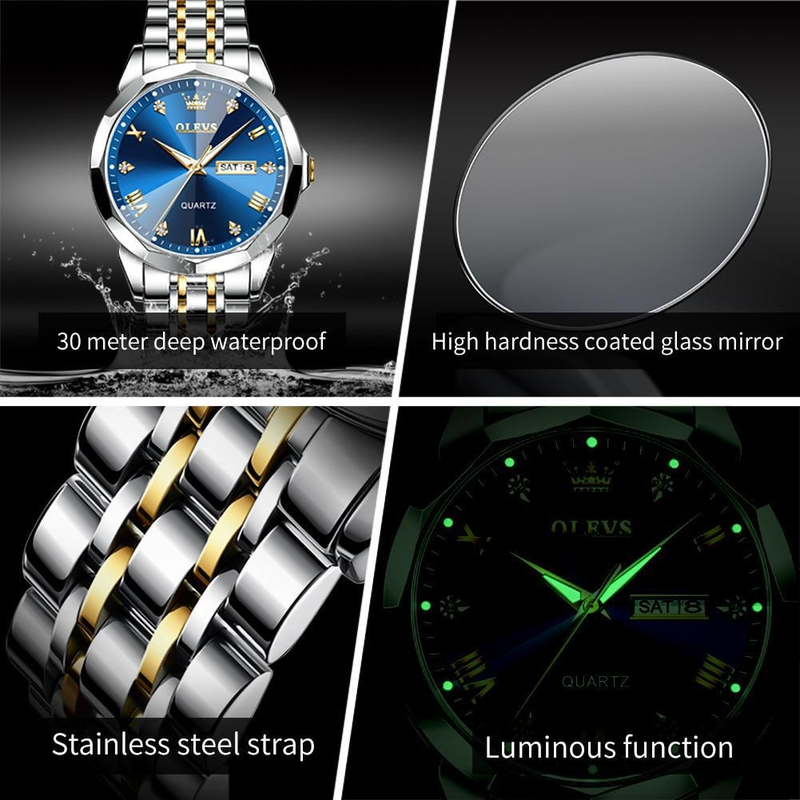 2024 Neue OLEVS Herrenuhren Rhombus Mirror Original Quarzuhr für Mann Wasserdicht Leuchtende Edelstahl Armbanduhr Männlich Datum Woche_voghion.com