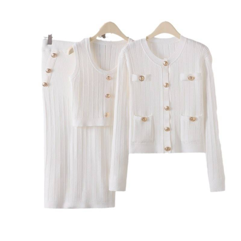 Ensemble tricoté pour femme, nouveau cardigan, pull + gilet + jupe tricotée, ensemble trois pièces, printemps_voghion.com