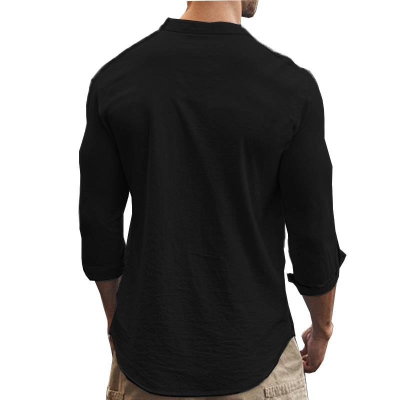 Camicia hawaiana a maniche lunghe, semplice, casual, in lino, traspirante, da uomo, estiva, con pantaloncini da spiaggia._voghion.com
