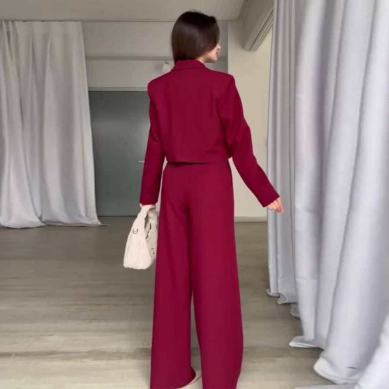 Traje de dos piezas para mujer, color liso, con solapa, top corto y pantalones de cintura alta_voghion.com