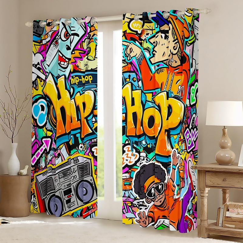 Kids Boys Teens Hip Hop Decor Window Curtains Graffiti Graphic Blackout Curtain Street Culture Window Treatments_voghion.com