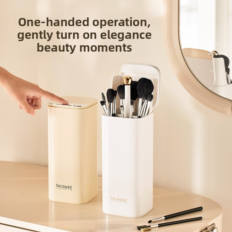Auto-Rising Makeup Brush Holder – Touch-Control Cosmetic Organizer With Dust-Proof Lid & 12 Slots (Modern Vanity Storage, White/Black/Cream)_voghion.com