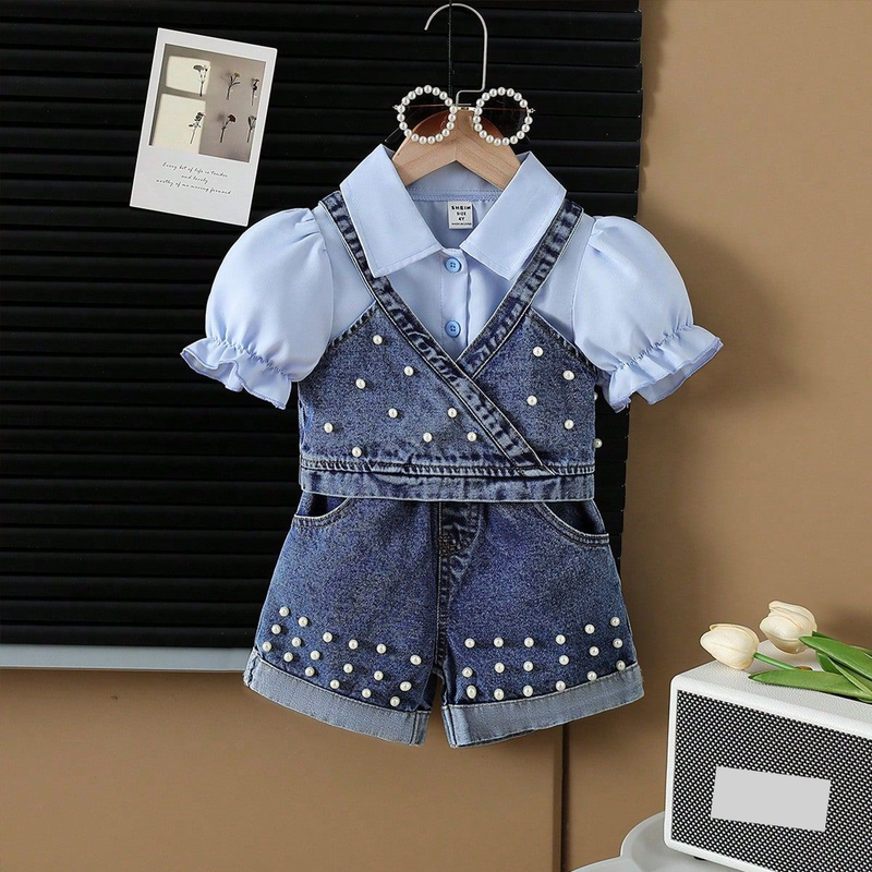 Boys & Girls Denim Vest With Pearl Jeans & Collared Shirt 3-Piece Set – Soft Washed Cotton Blend, Stylish & Comfortable For Kids (4Y-7Y)_voghion.com