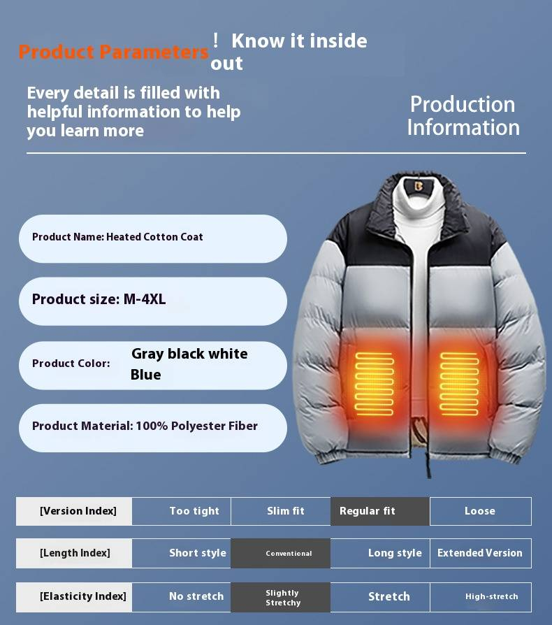 Men's Winter Heated Jacket With Thermal Lining, Thickened Warm Puffer Coat For Cold Weather, Unisex Oversized Streetwear - Sizes M To 4XL_voghion.com