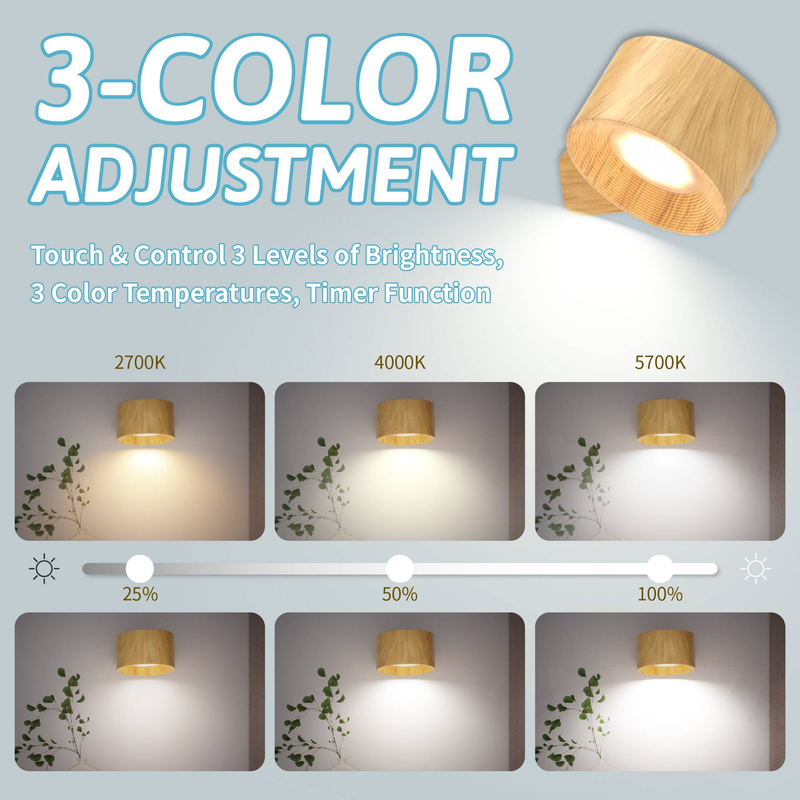 Applique murale tactile 3 pouces, grain de bois, 3 couleurs (froid/naturel/blanc), sans fil, rechargeable, sous armoire (lot de 1)_voghion.com