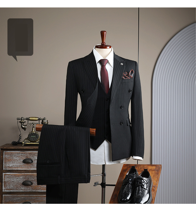 Herrenbekleidung, gestreifter Anzug, schmale Passform, zweireihig, gestreiftes Anzugset – formell und leger, Hochzeit, Business-Blazer mit Hose und Weste zur Auswahl_voghion.com