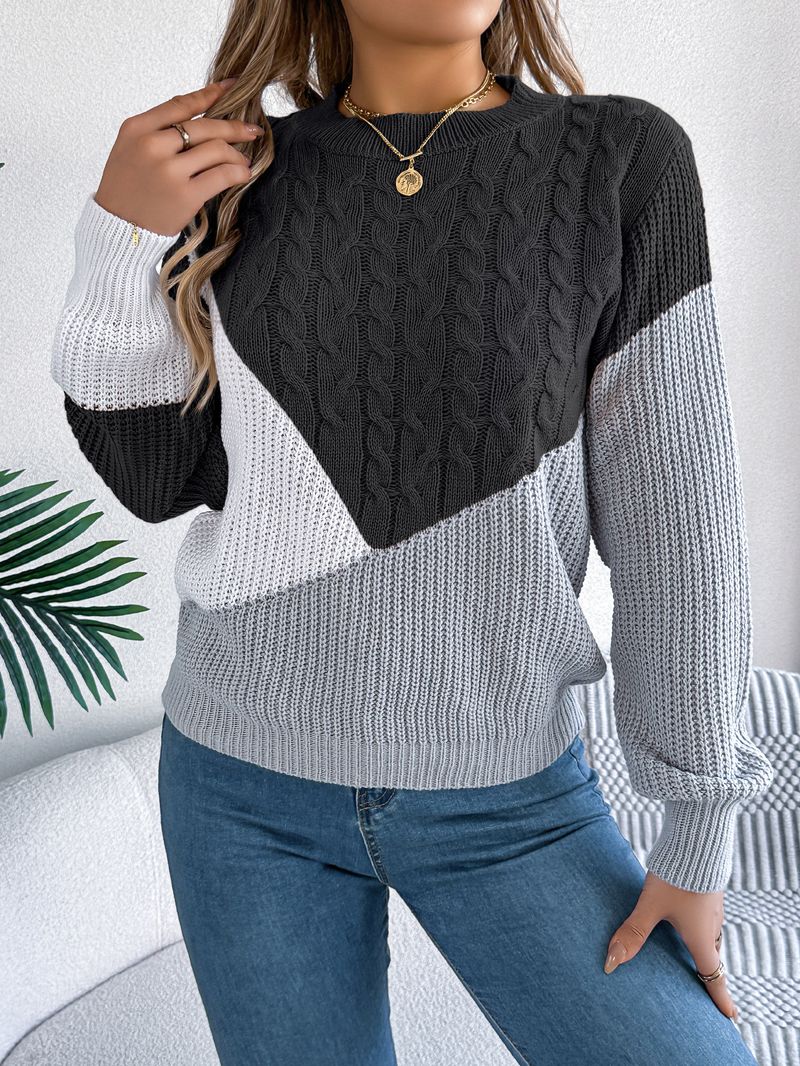 Women's Clothing Casual Colorblock Cable Knit Sweater Long Sleeve Round Neck Pullover Fall Winter Fashion Tops_voghion.com
