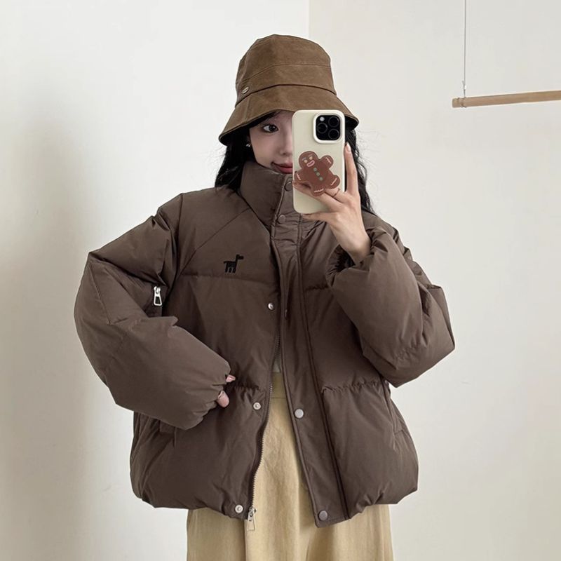 Doudoune brodée pour femme – Manteau surdimensionné en duvet de canard style coréen avec col montant (noir/blanc/gris/taupe/rouge, taille unique)_voghion.com