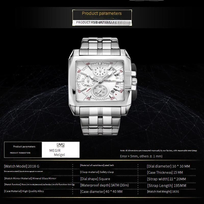 MEGIR Men's Square Watch With Stainless Steel Band, Luminous, Waterproof, Multifunction Sports Watch With Calendar_voghion.com