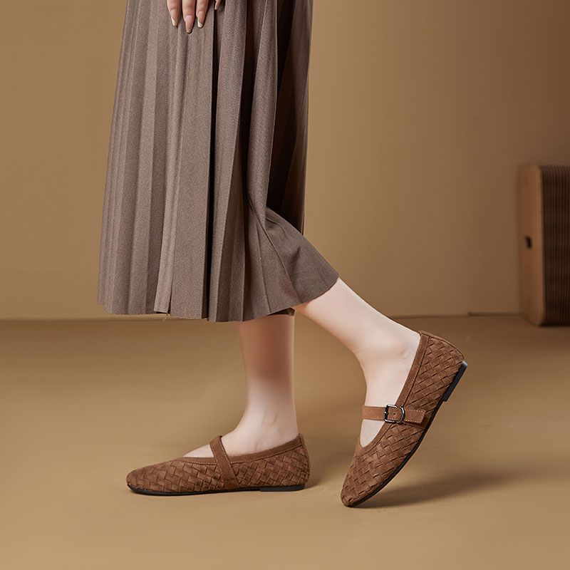 Simple And Versatile Woven Belt Mary Jane Shoes, Round Toe Single Shoes With Woven Texture, Breathable Sheepskin Pad, Comfortable Suede_voghion.com