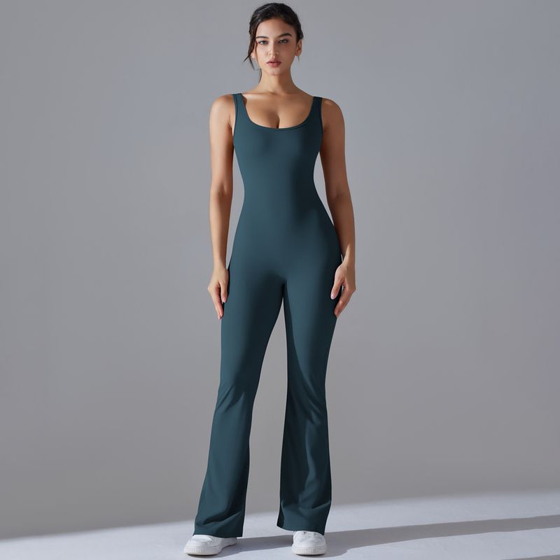 Neuer, einfarbiger, hüfthebender, langer, schmal geschnittener Jumpsuit mit weitem Bein für Sport, Laufen, Fitness und Yoga_voghion.com