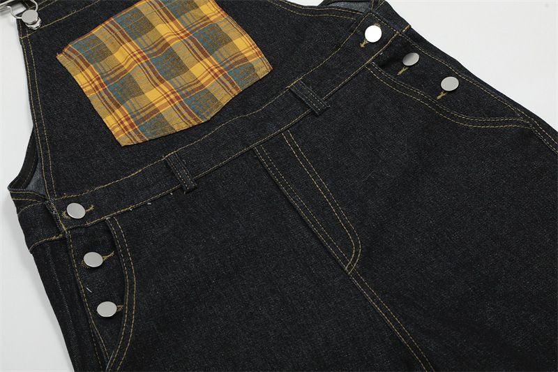 Men's Clothing Retro Niche Design Plaid Stitching Scimitar Jeans Men's And Women's Overalls Wide Leg Mopping Pants_voghion.com